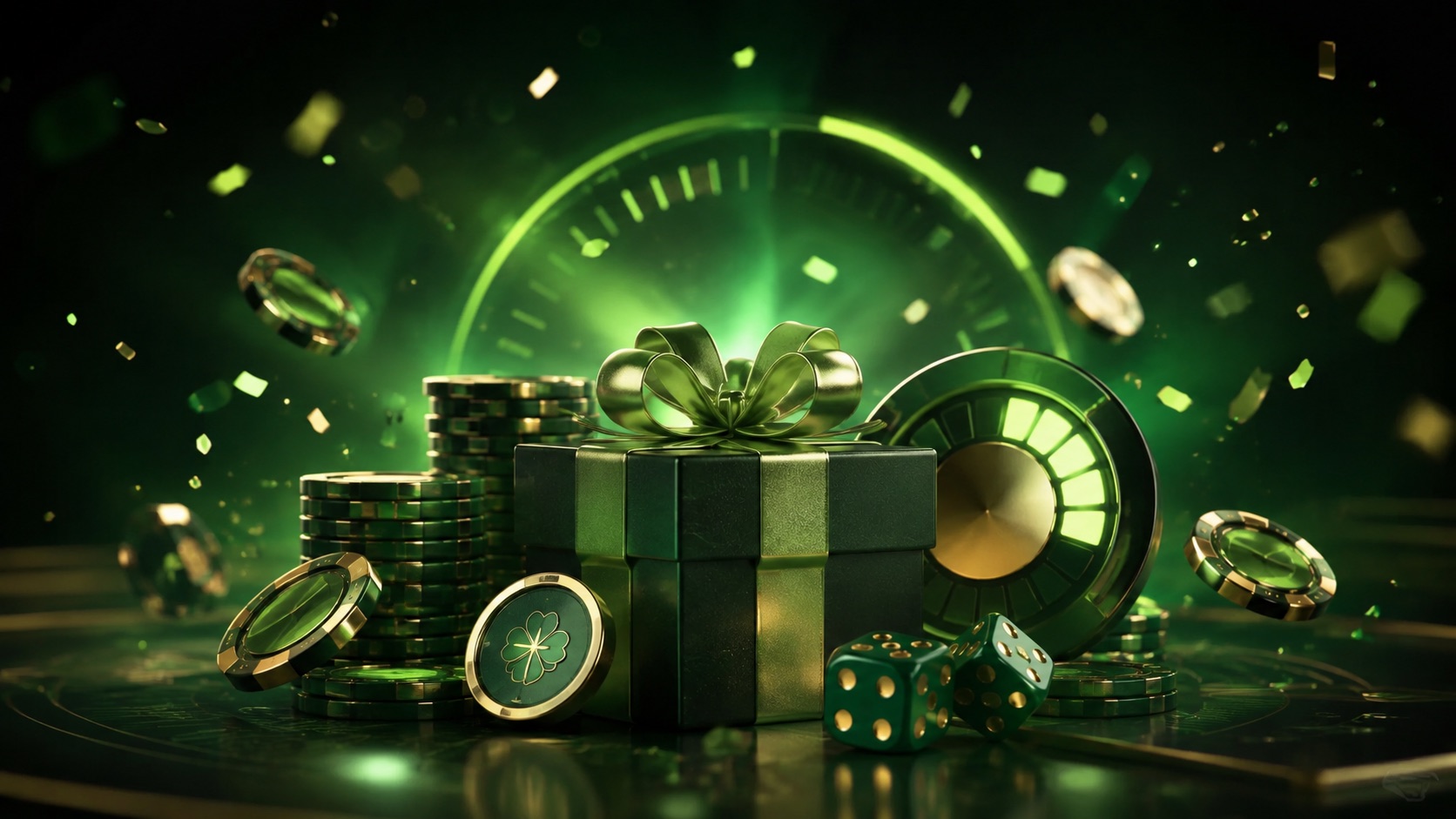 Composizione verde con confezione regalo, fiches e simbolo circolare